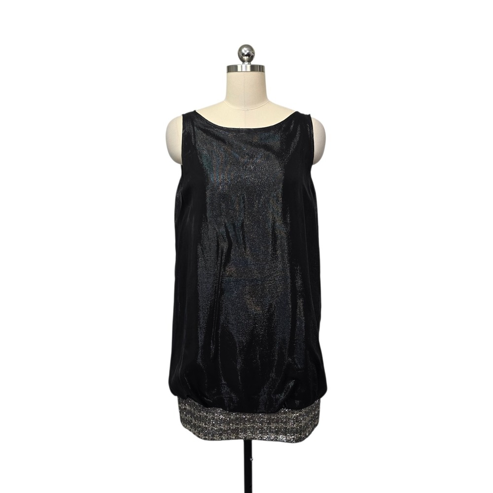 Badgley Mischka Black Silk Blend Sequin Hem Sleeveless Tunic Top Mini Dress S